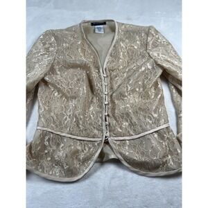 Bahari Jacket Womens 10 Champagne Beige Lace Overlay Satin Peplum Bell Sleeves